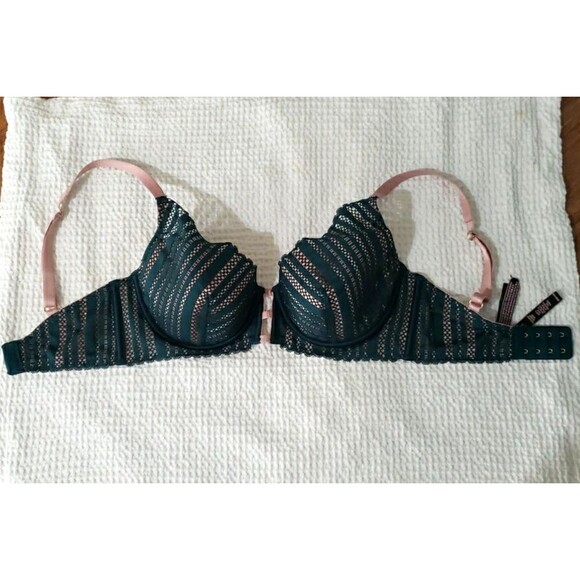Victoria Secret Underwire Padded Plunge Bra Green Beige Lace Size 32DD - Picture 2 of 9